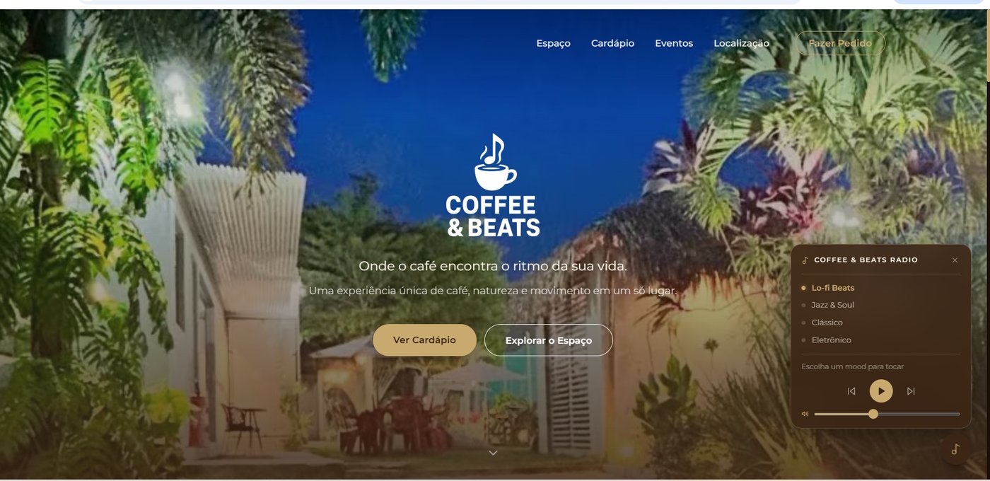 Site institucional do Coffee & Beats — cafeteria em Fortaleza com identidade visual única e player de música integrado